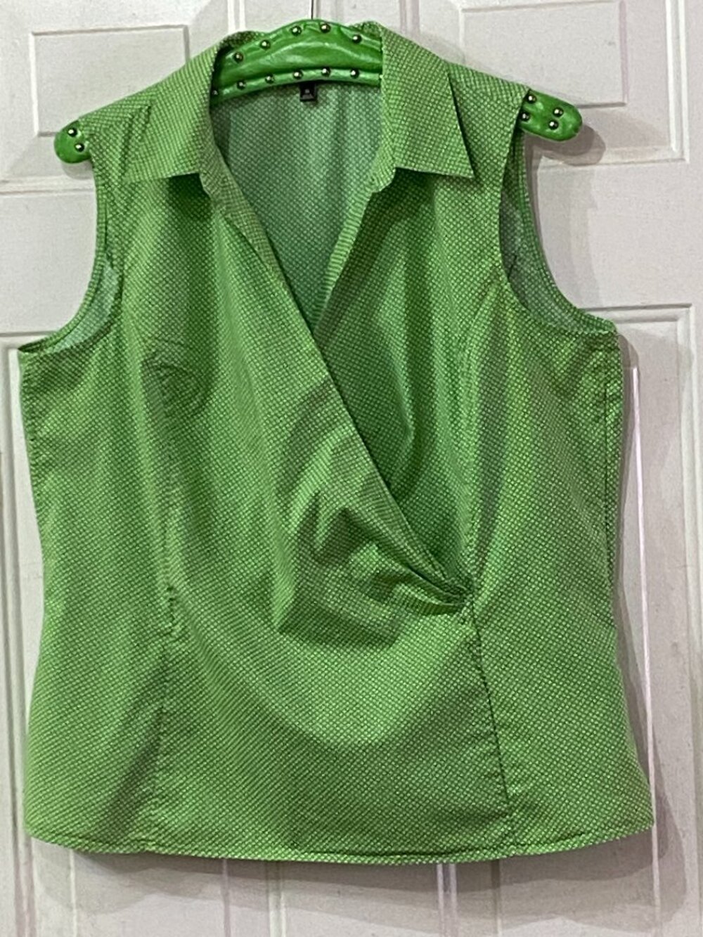 Talbots Sz 16 (XL) Faux Wrap Blouse Sleeveless Green/White Polka Dot Cotton